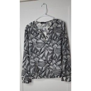 The Limited Womens Sz M Blouse Sheer White Black Geometric Long Sleeve